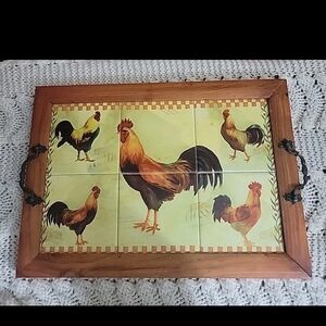 RARE Vintage Kitchen Tray Tile Wooden Farmhouse Roosters Kitchy Cottage